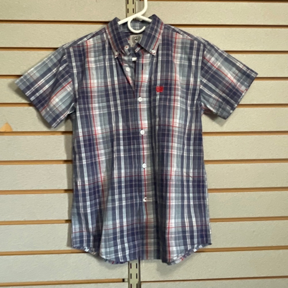 Cinch Boys Medium 10 Plaid Short Sleeve Button Down Shirt Navy Red White Western